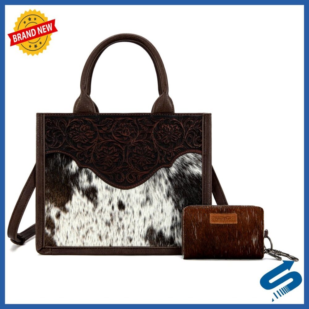Genuine Hair-On Cowhide Western Tote Bag with Floral Tooling